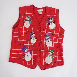 Vintage Victoria Jones Red Cotton Vest Snowmen Holiday Festive Cabincore XL